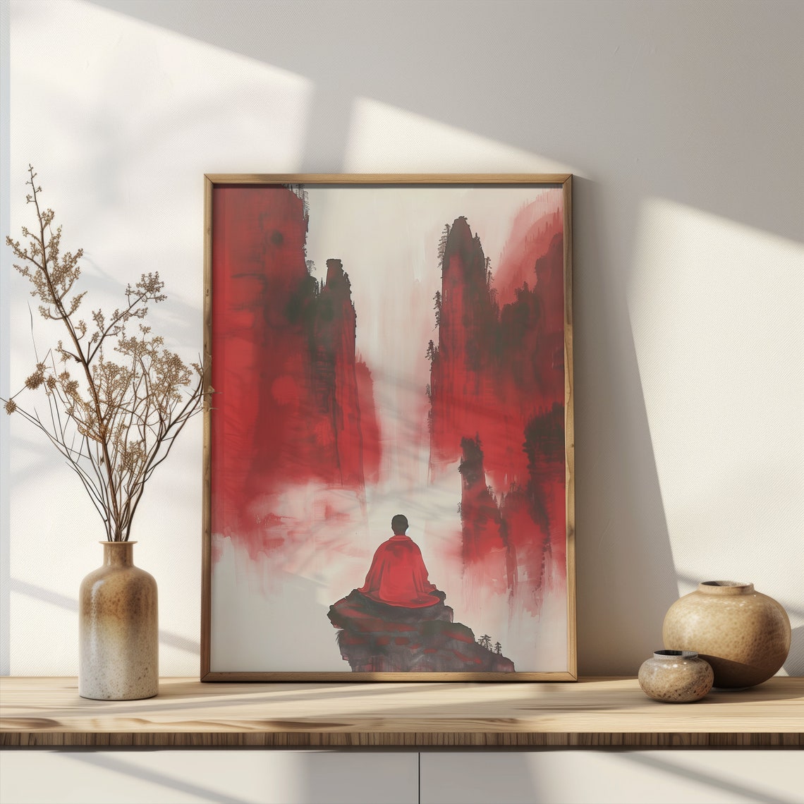 Red Ink Wash Mountain Gorge Meditating Monk Serene Japanese Poster - Image 2