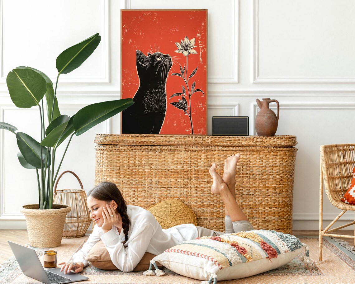 Black Cat And Flower Minimalist Art Print - Image 6