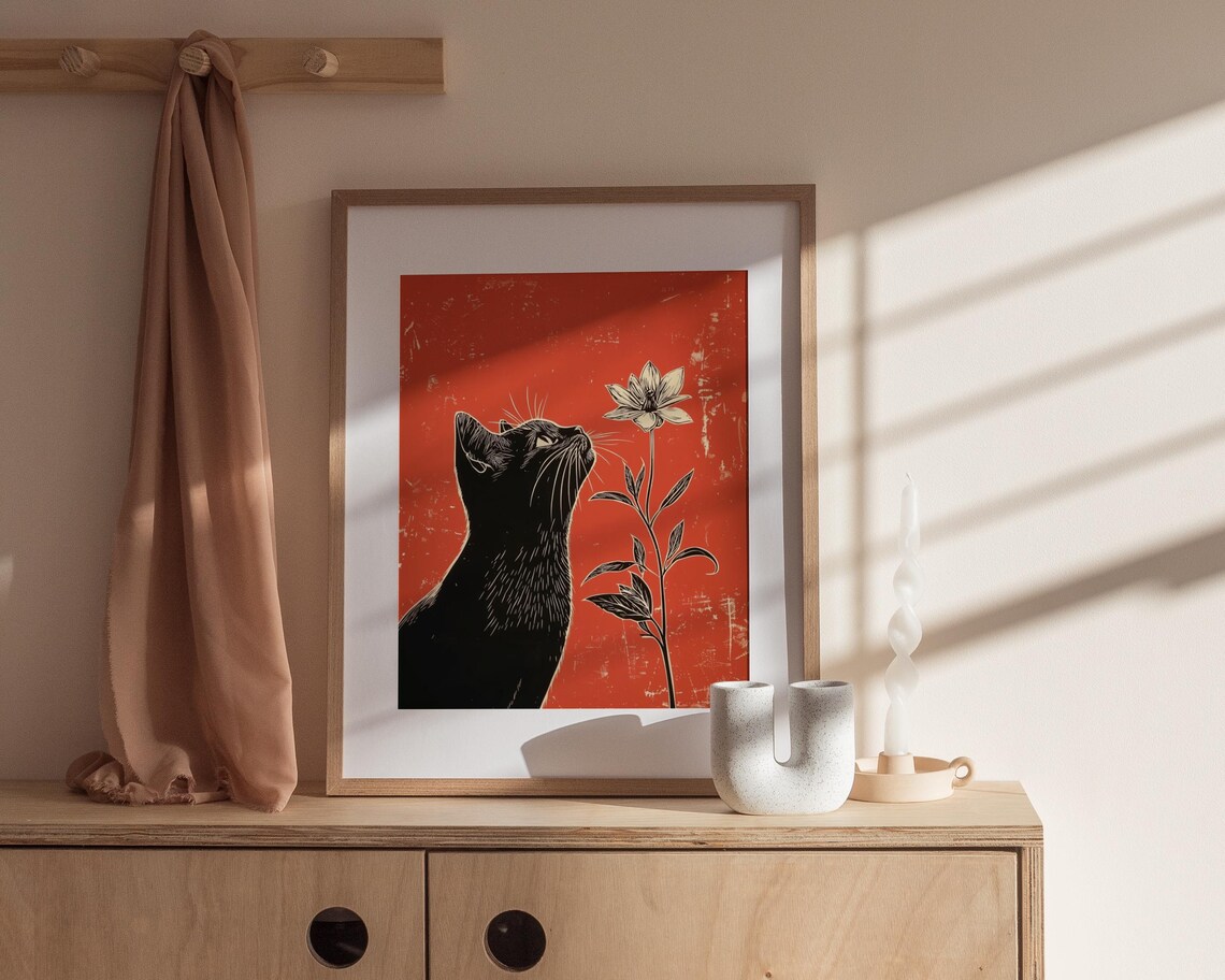 Black Cat And Flower Minimalist Art Print - Image 3