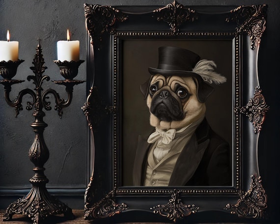 Victorian Pug Gentleman Feathered Top Hat Gothic Dog Portrait Poster