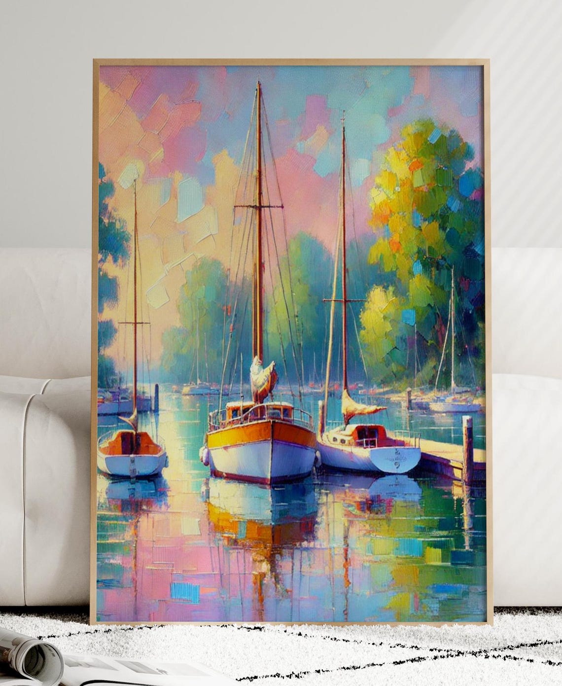 Sunlit Harbor Sailboats Pastel Impressionist Seascape Poster
