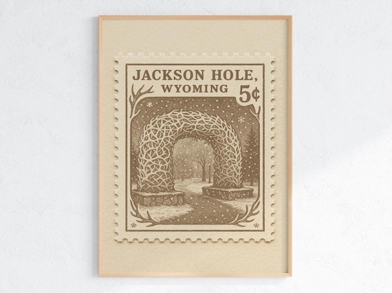 Jackson Hole Print Vintage Elk Antler Arch Rustic Wyoming Art