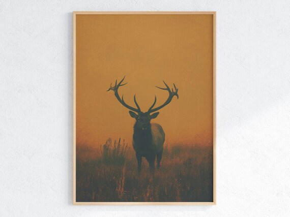 Rustic Elk Wall Art Wildlife Deer Print Majestic Stag Silhouette Poster Western Wilderness Decor Hunting Cabin Lodge Nature Artwork