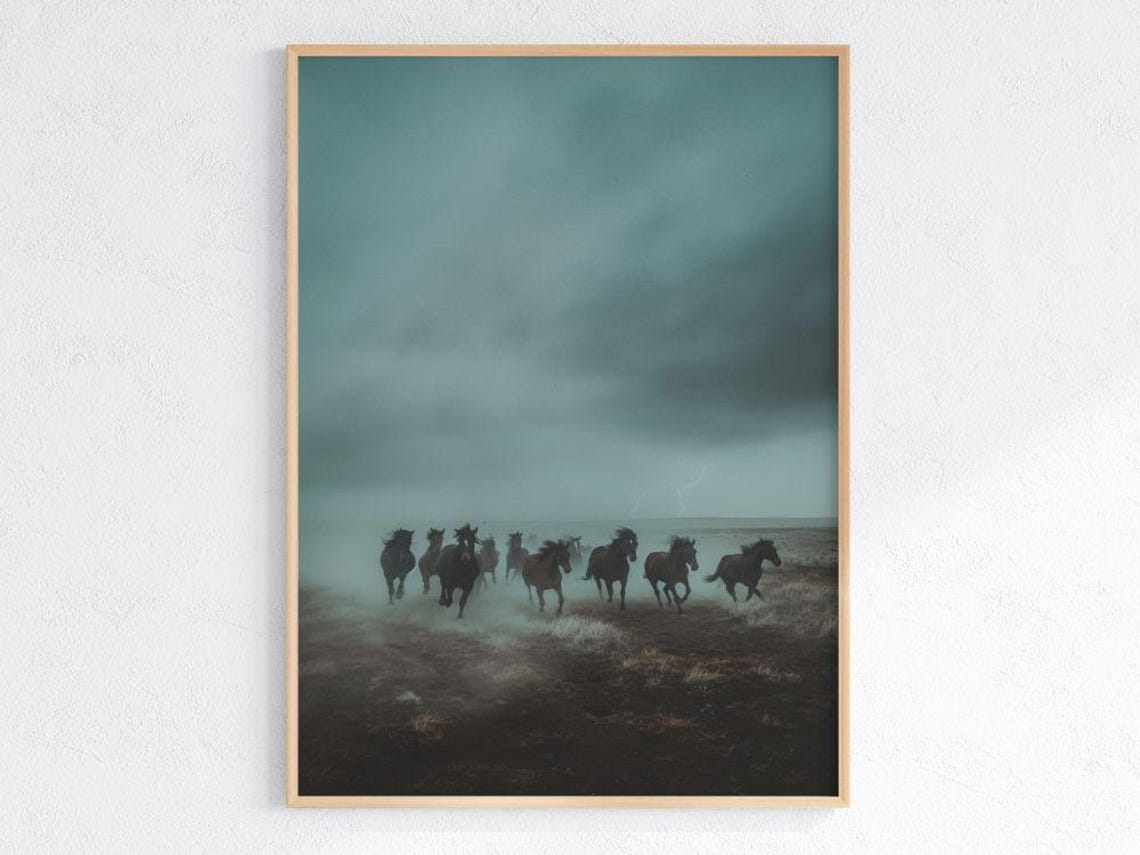 Dark Horses Galloping Through Stormy Mist Dramatic Wild Horse Poster