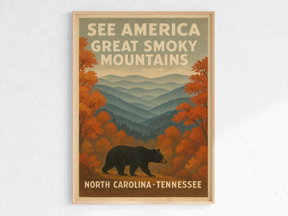See America Great Smoky Mountains WPA Style Travel Poster Black Bear