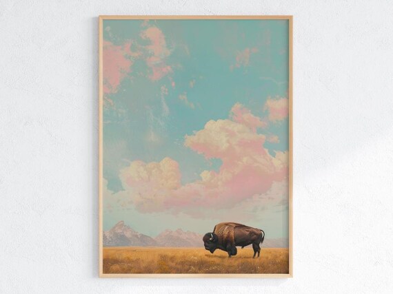 Pastel Bison Poster With Prairie And Mountain View Western Landscape Print For Calm Rustic Home Ranch Decor Or Nature Lover Gift
