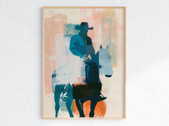 Abstract Cowboy On Horseback In Teal And Peach Modern Western Wall Art Minimal Desert Print Rustic Ranch Decor For Home