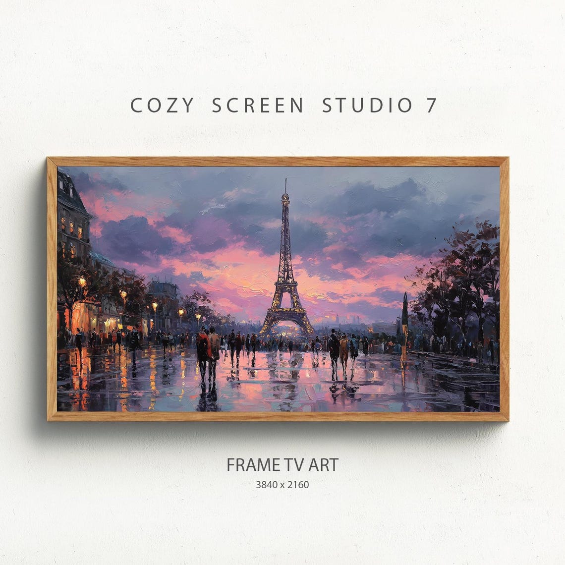 Eiffel Tower Paris Sunset Rainy Street Impasto Frame TV Poster