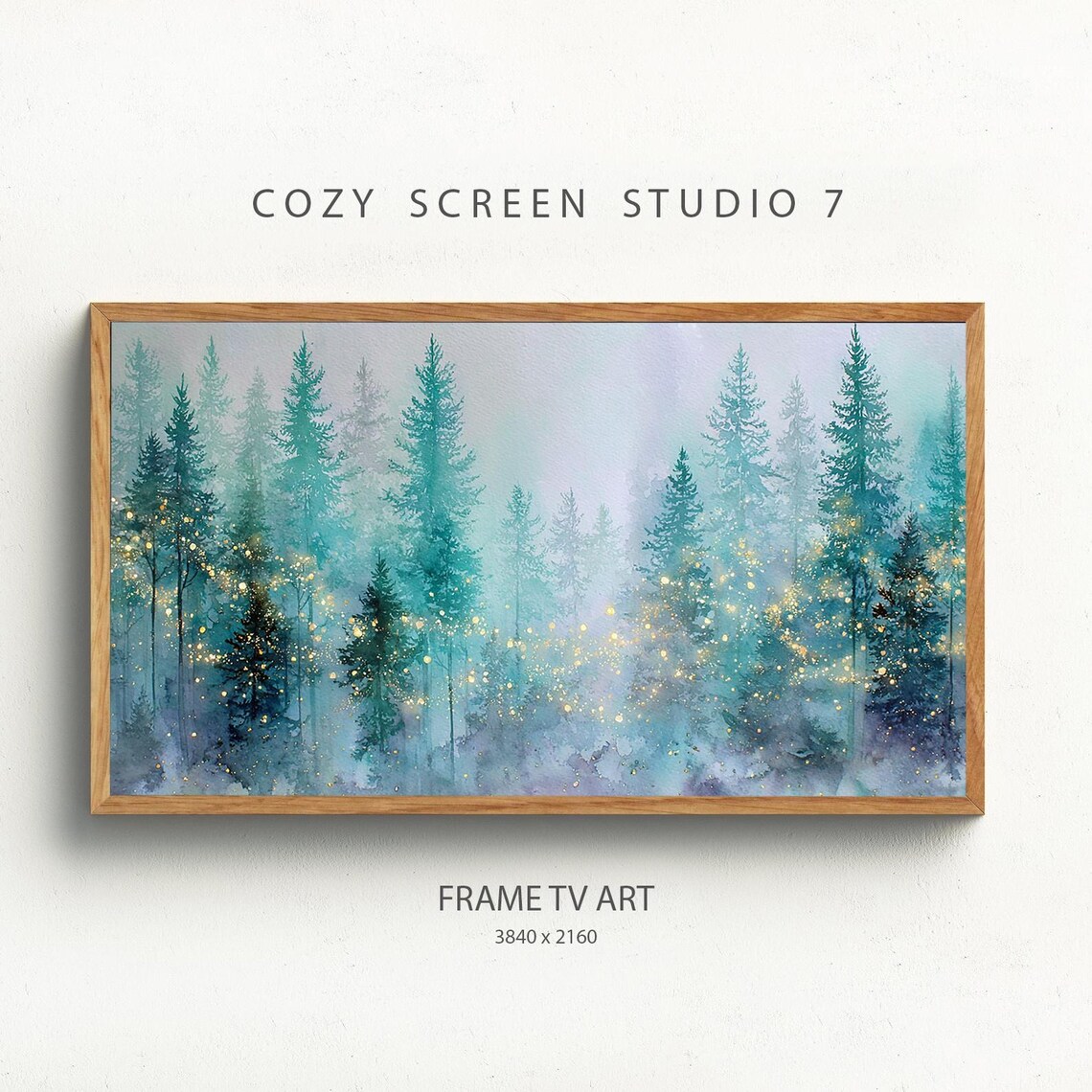 Teal Winter Pine Forest Fairy Lights Watercolor Christmas Wall Art