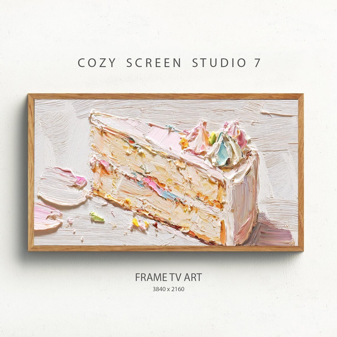 Birthday Cake Slice Impasto Painting Creamy Frosting Frame Tv Wall Art