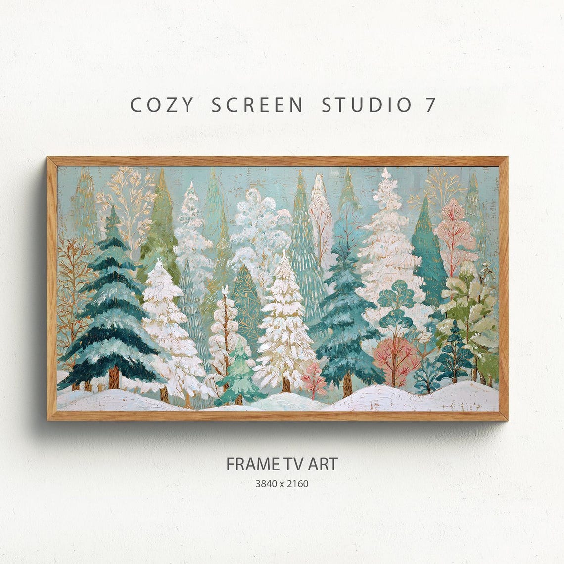 Winter Pine Tree Farmhouse Frame Tv Art Christmas Folk Painting