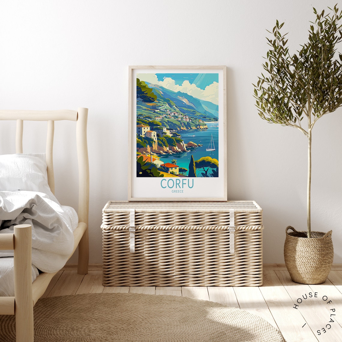 Corfu Greece Coastal Town With Sailboat Bay View Travel Poster - Image 4