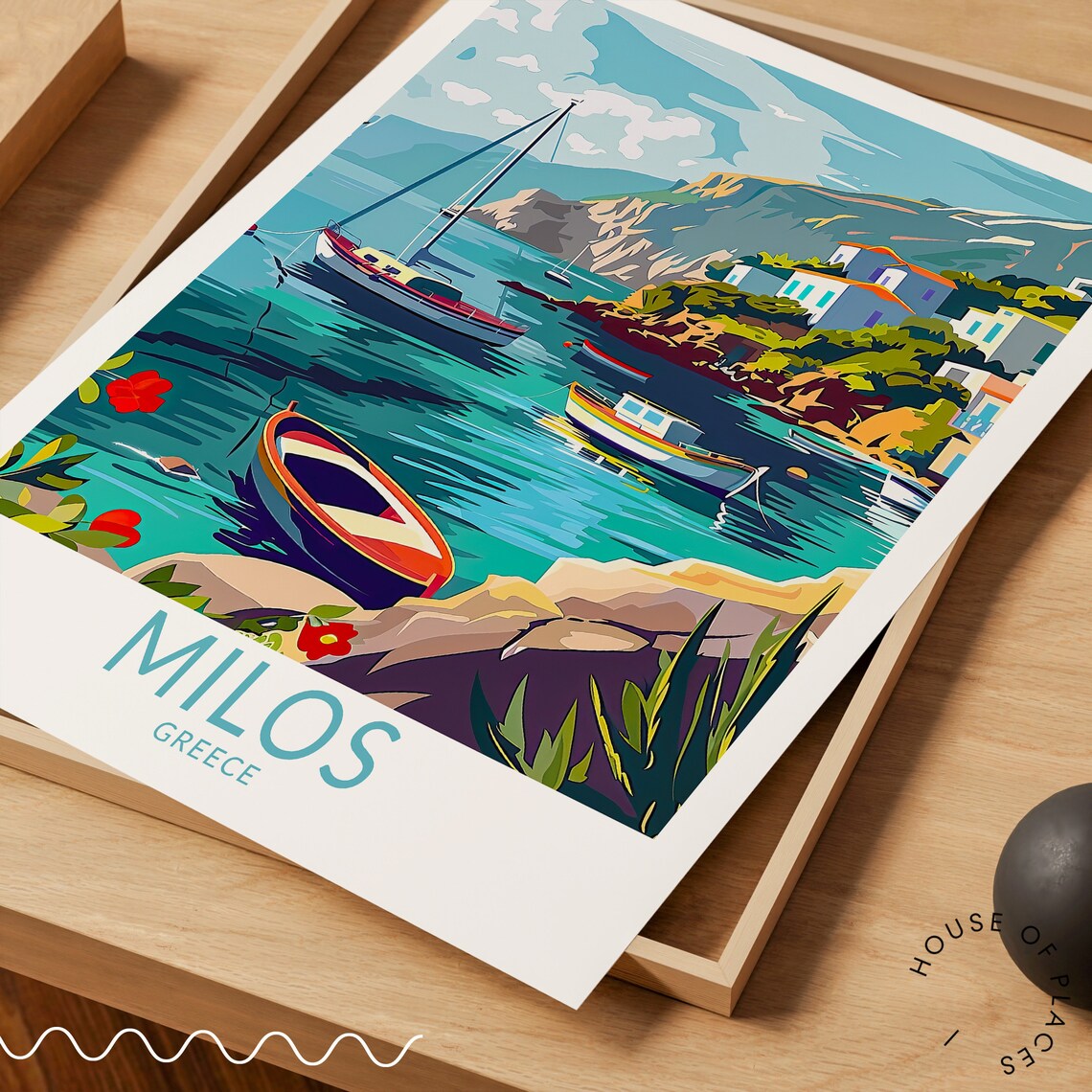 Milos Greece Turquoise Cove Boats Cliff Village Travel Poster - Image 3
