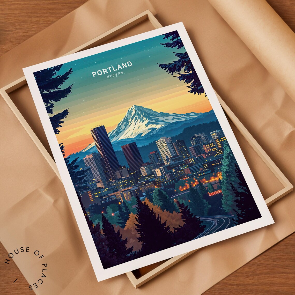 Portland Oregon Travel Poster Mount Hood Sunset Skyline at Dusk - Image 2