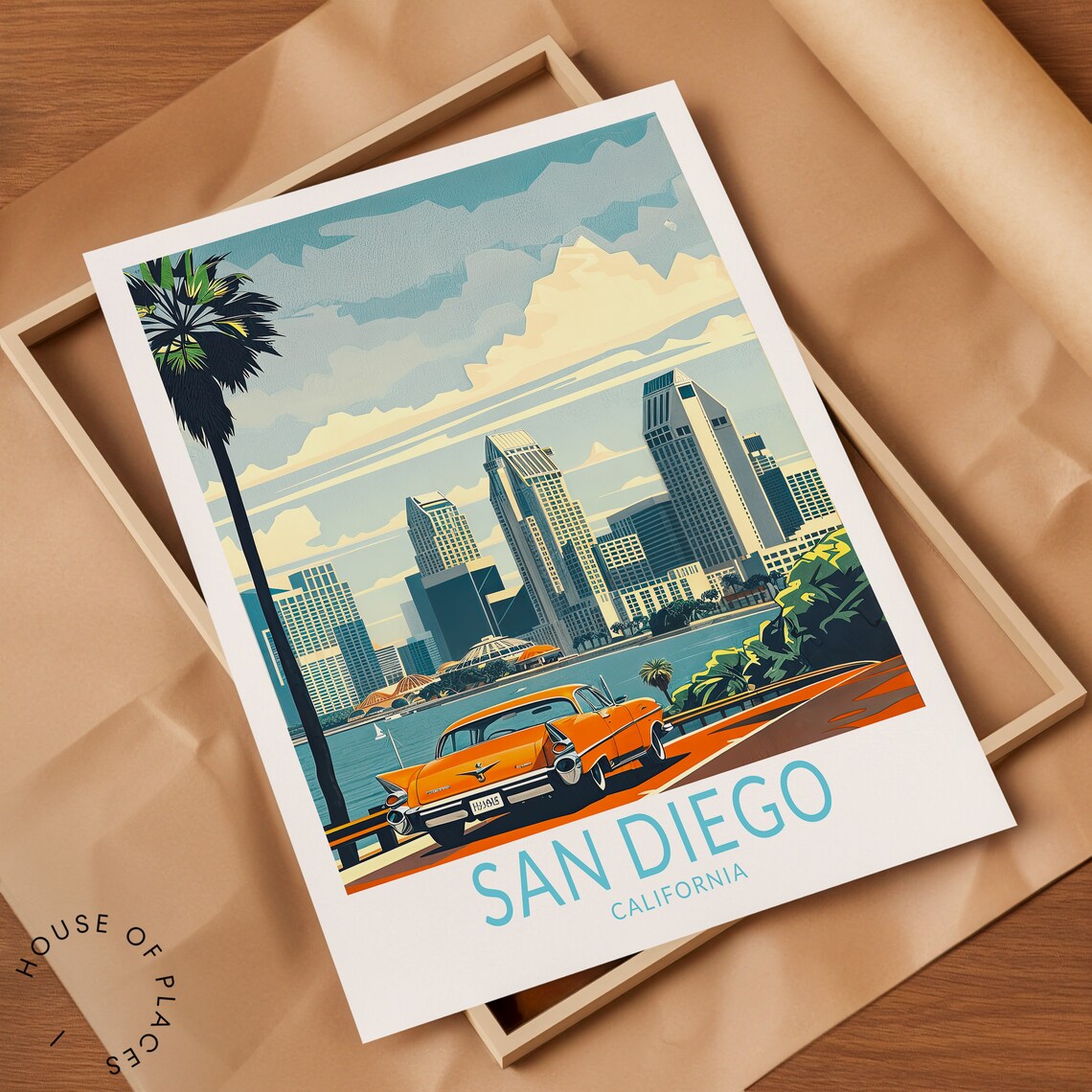 San Diego California Skyline Classic Car Vintage Travel Poster - Image 2