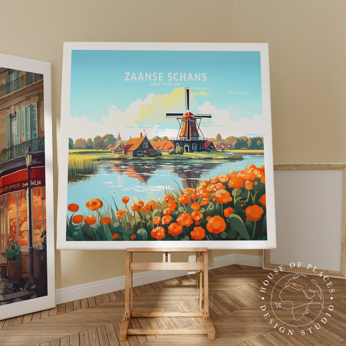 Zaanse Schans Amsterdam Dutch Windmill Red Flower Travel Poster - Image 2
