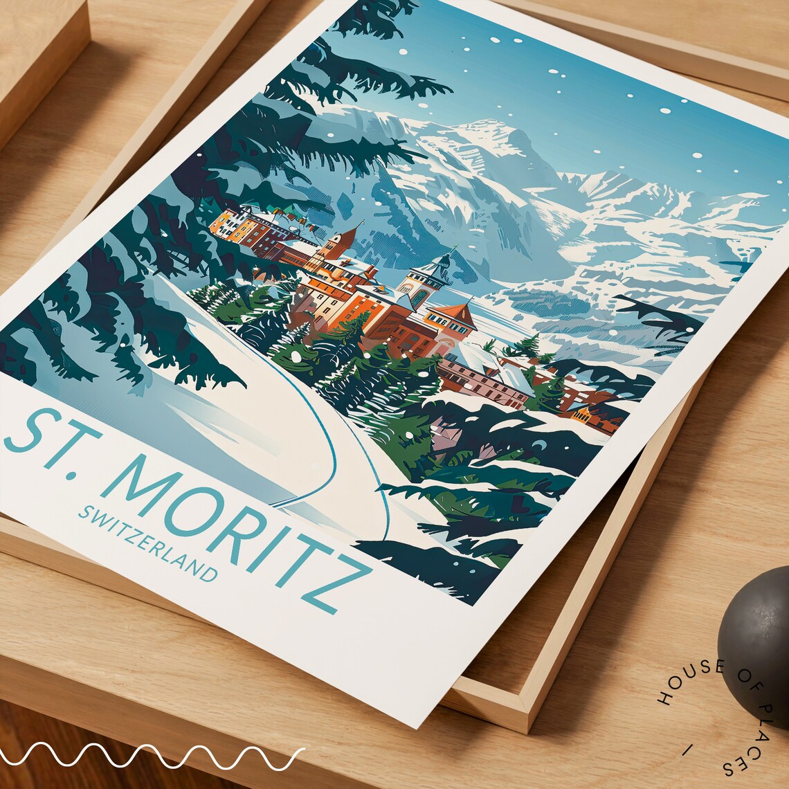 St. Moritz Switzerland Snowy Peaks Village Valley Winter Travel Poster - Image 3