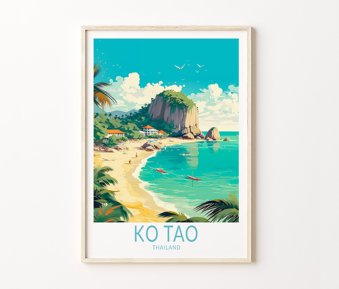 Ko Tao Thailand Turquoise Bay Rocky Headland Beach Travel Poster