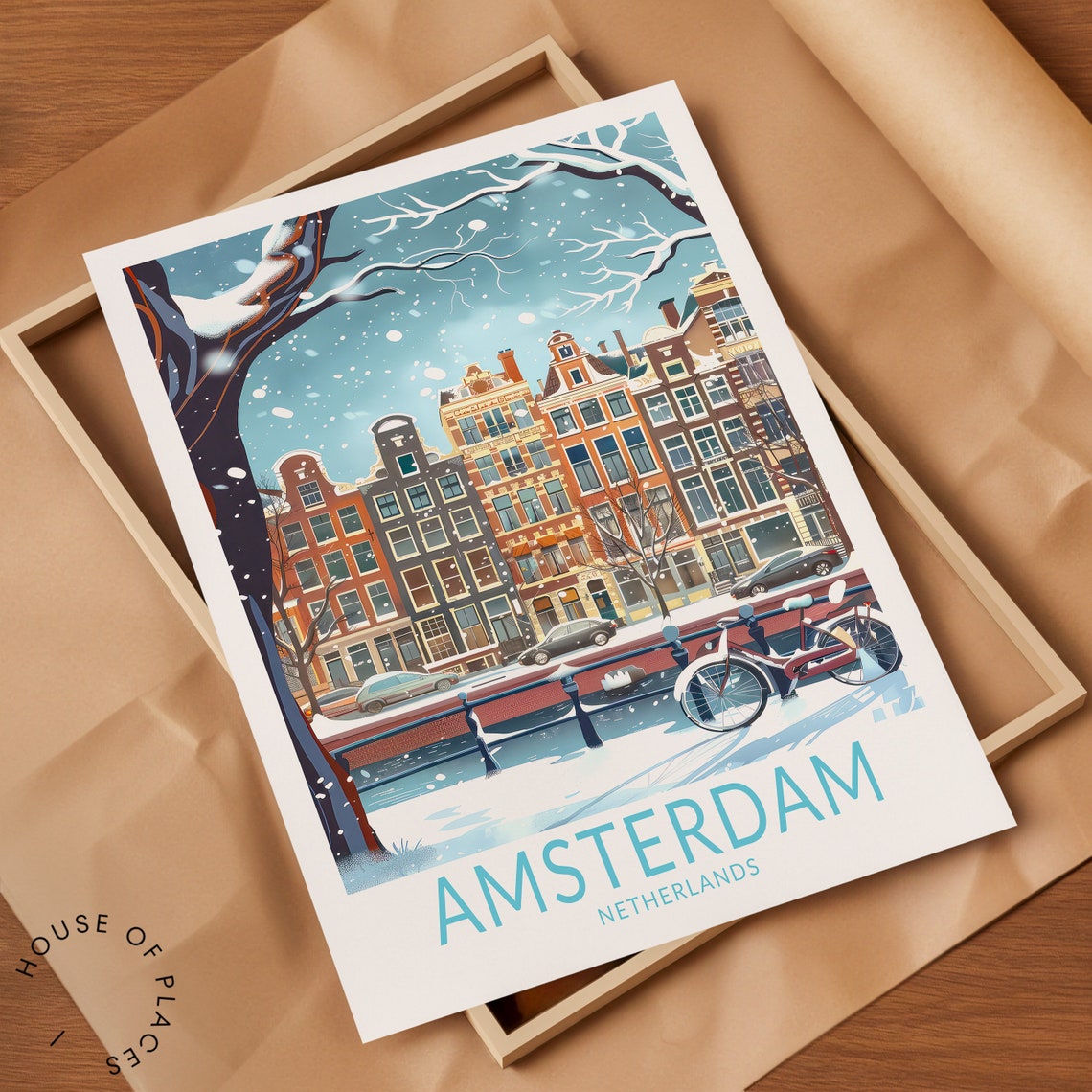 Amsterdam Snowy Winter Canal Houses Bicycle Scene Travel Poster - Image 2