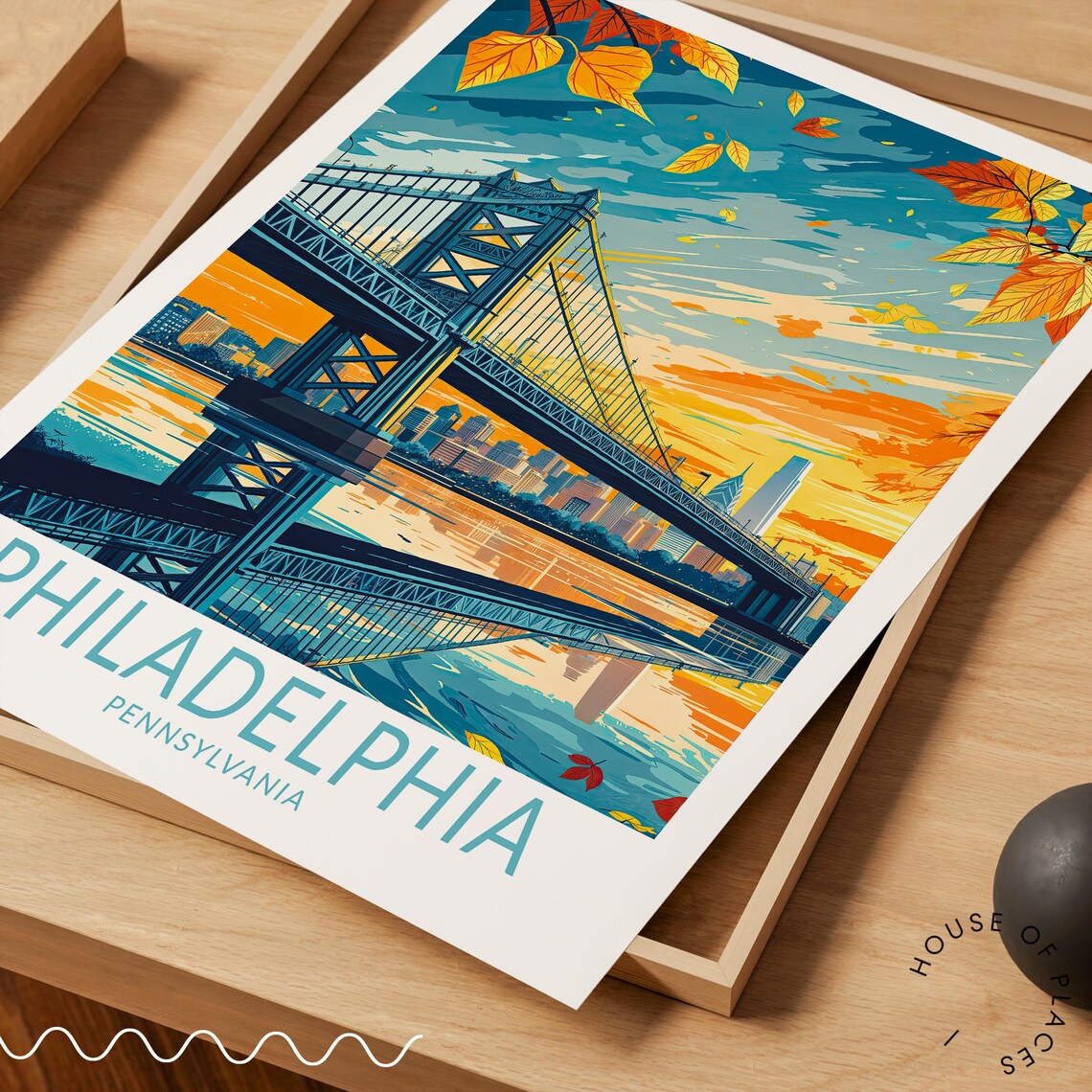 Philadelphia Bridge Skyline Golden Fall Leaves Travel Poster Art - Image 3