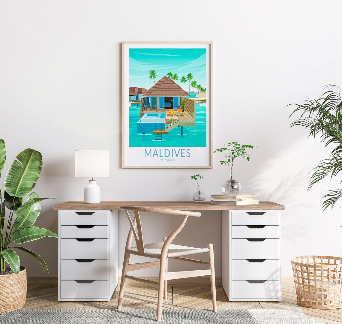 Maldives Overwater Villa Turquoise Lagoon Tropical Travel Poster - Image 2
