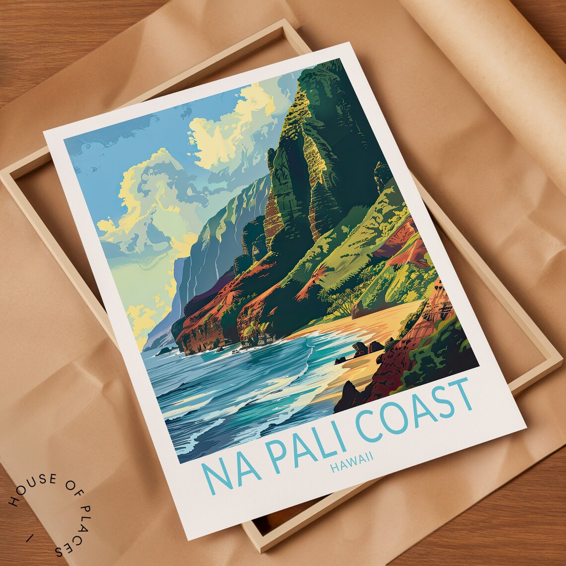 Na Pali Coast Hawaii Beach Waves Golden Shore Retro Travel Poster - Image 2