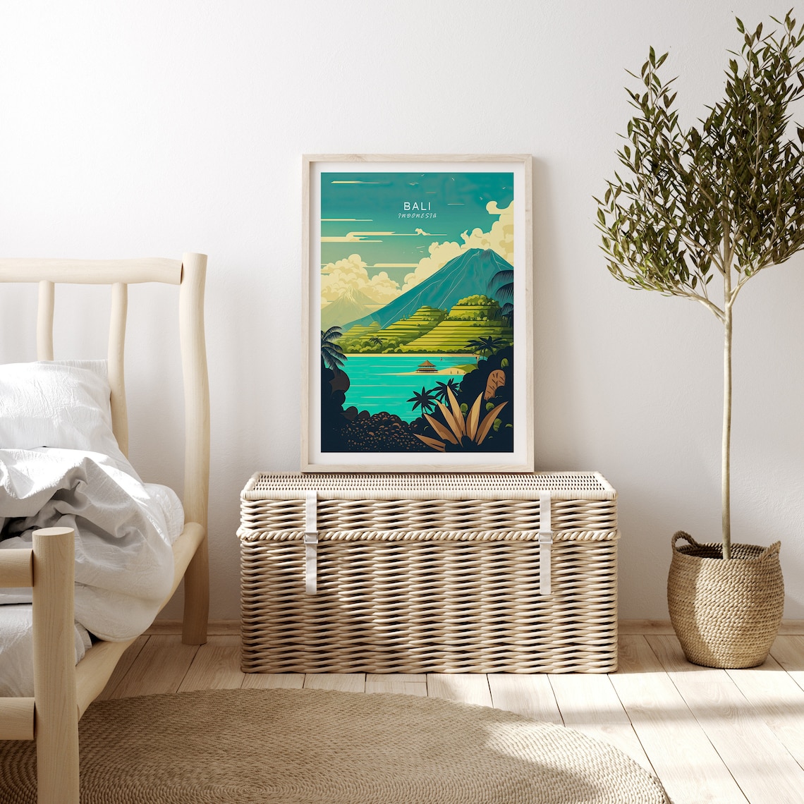 Bali Indonesia Retro Travel Poster With Volcano And Rice Terraces - Image 3