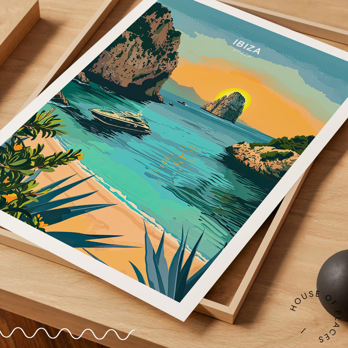 Ibiza Spain Sunset Cliffs Yacht Cove Balearic Islands Travel Poster - Image 3