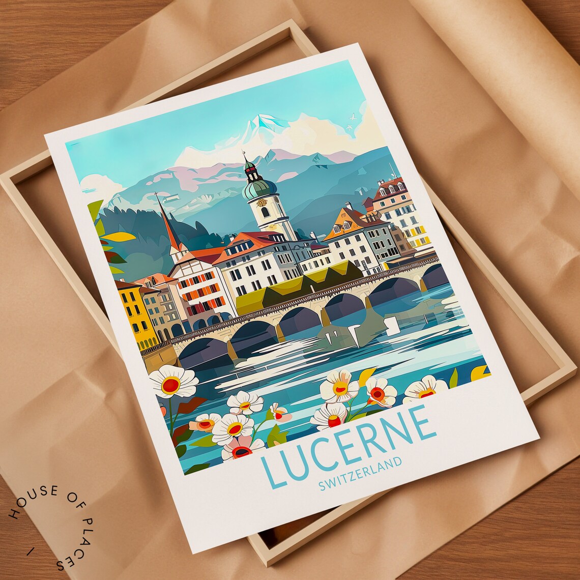 Lucerne Switzerland Chapel Bridge Daisies Foreground Travel Poster - Image 2