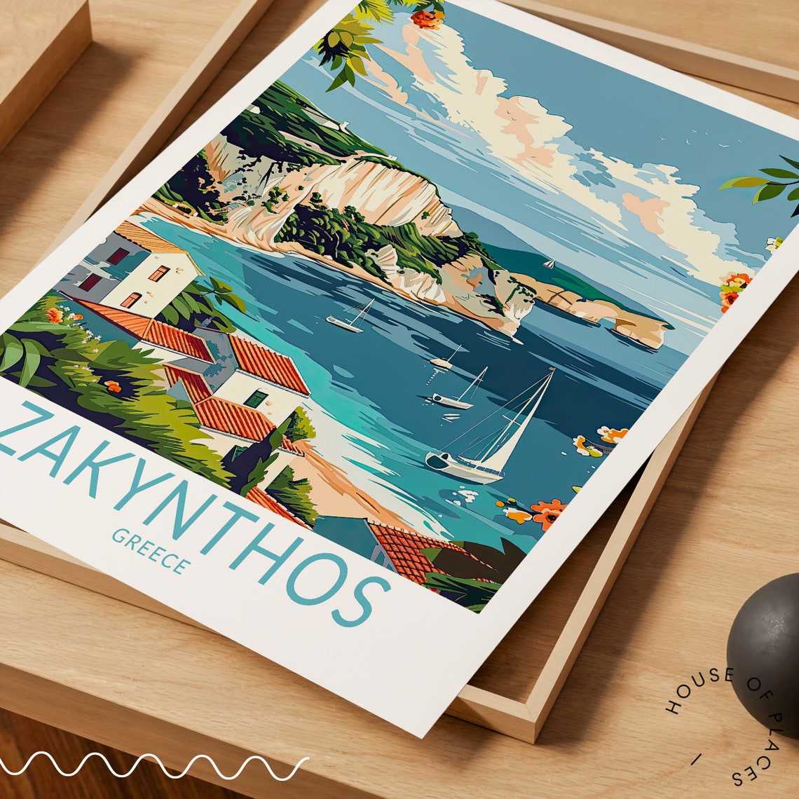 Zakynthos Greece White Cliffs Houses and Sailing Boats Coast Poster - Image 3
