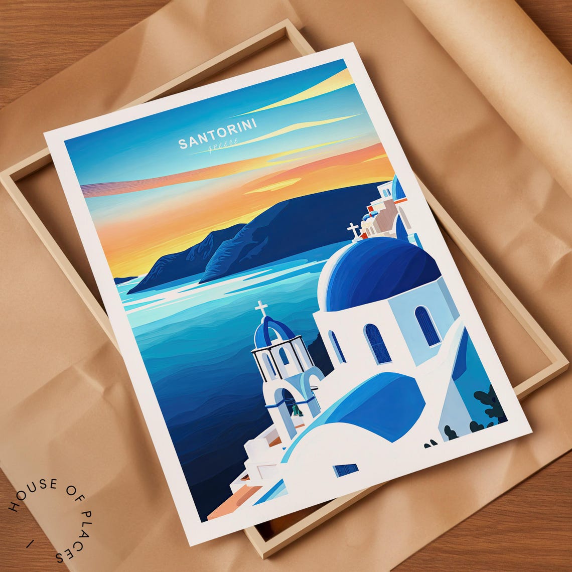 Santorini Greece Sunset Blue Domes Script Text Travel Poster - Image 2