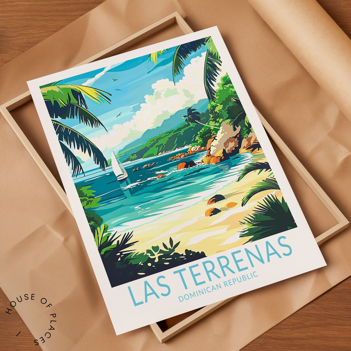 Las Terrenas Dominican Republic Palm Beach Sailboat Scene Travel Poster - Image 2