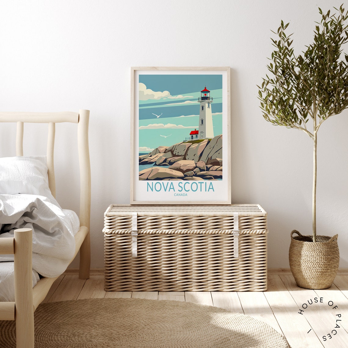 Nova Scotia Canada Lighthouse Seagulls Rocky Coast Art Poster - Image 3