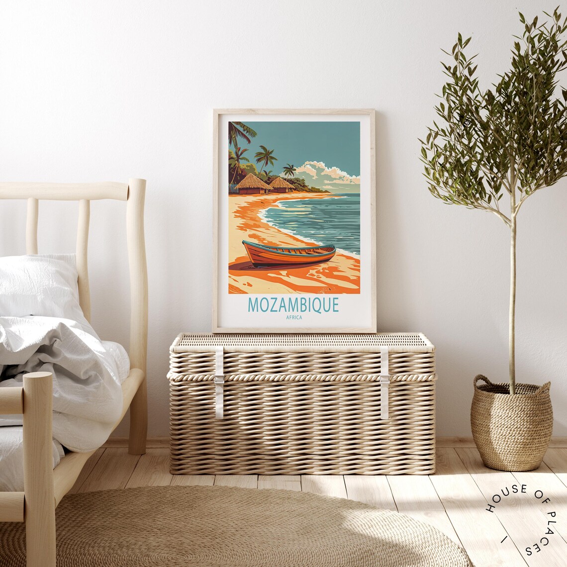Mozambique Africa Vintage Travel Poster Wooden Canoe Beach Huts - Image 2