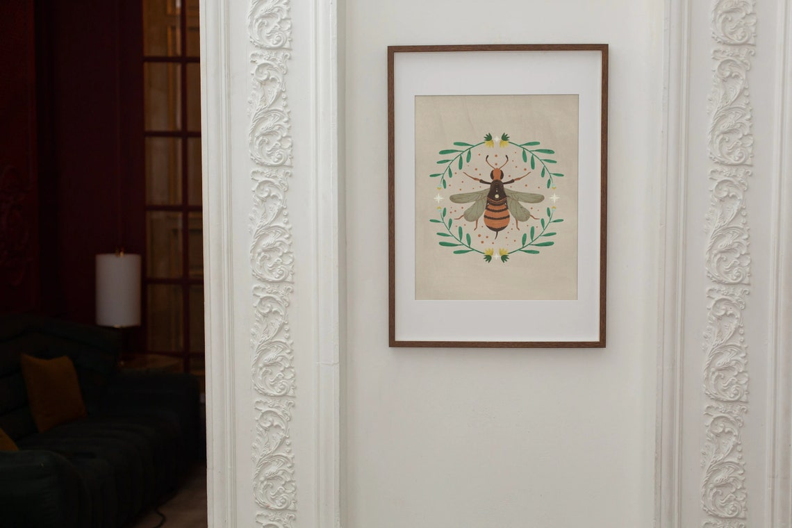 Folk Bumble Bee Honey Bee Mystical Botanical Wreath Art Poster - Image 2