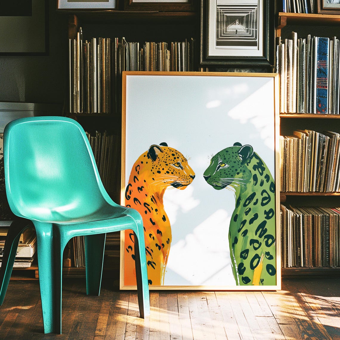 Two Orange and Green Leopard Faces Bold Colorful Pop Art Poster - Image 3