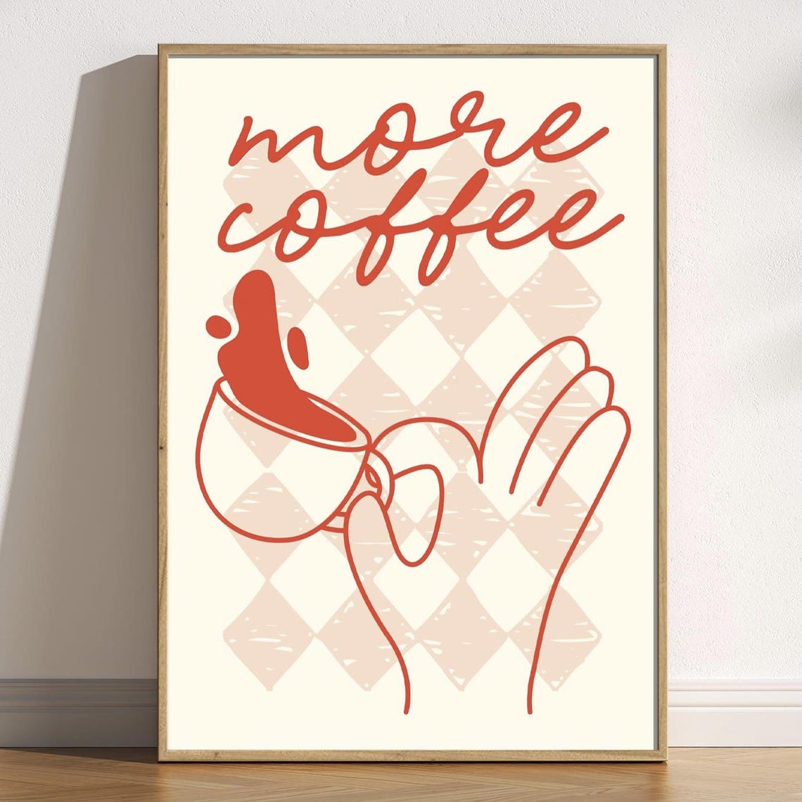 More Coffee Red Script Line Art Hand Holding Cup Kitchen Poster