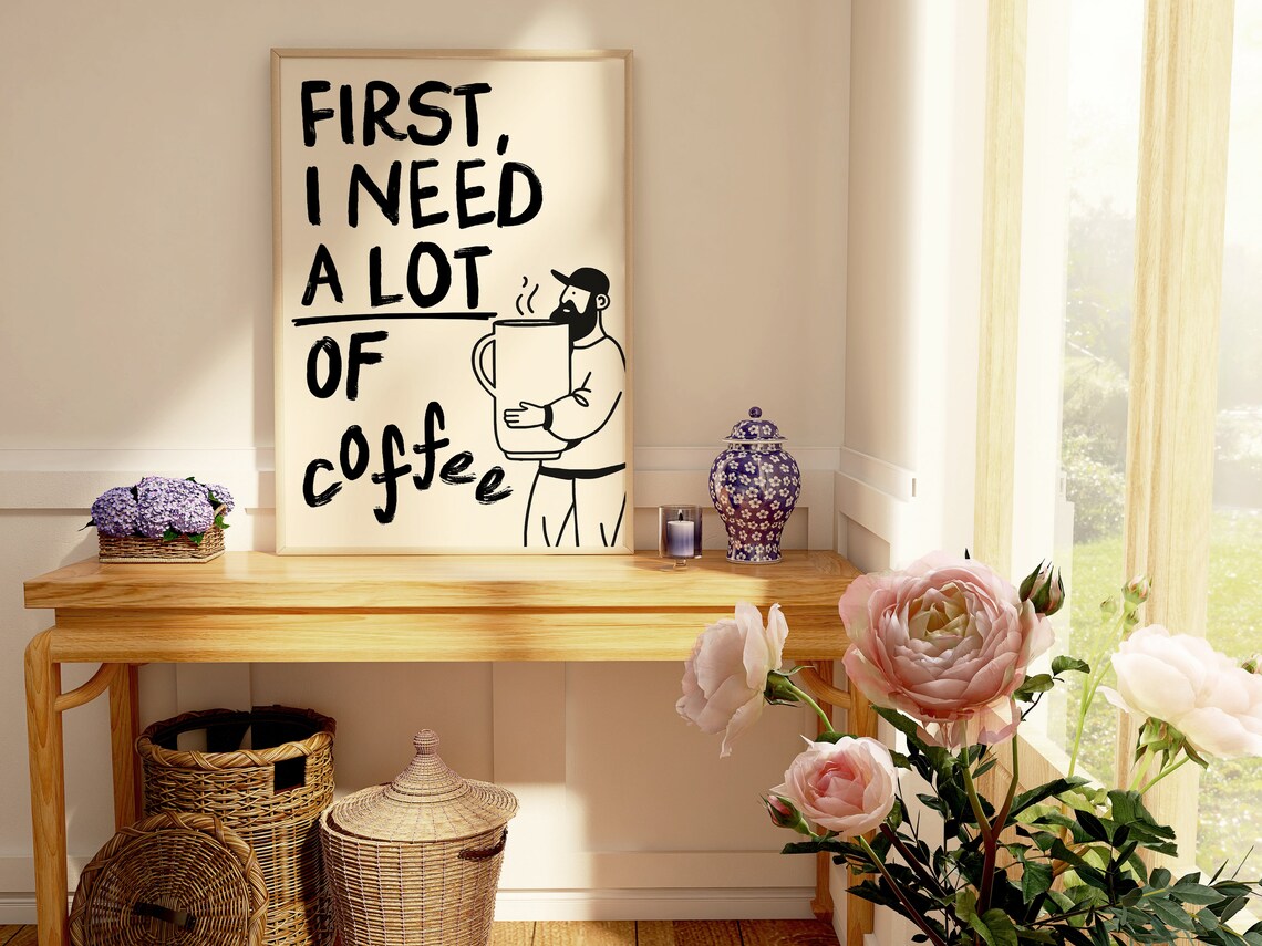 First Coffee Hand Drawn Retro Kitchen Print Fun Kitchen Illustration Trendy Cute Kitchen Decor Coffee Lover Gift Aesthetic Cafe Poster - Image 2