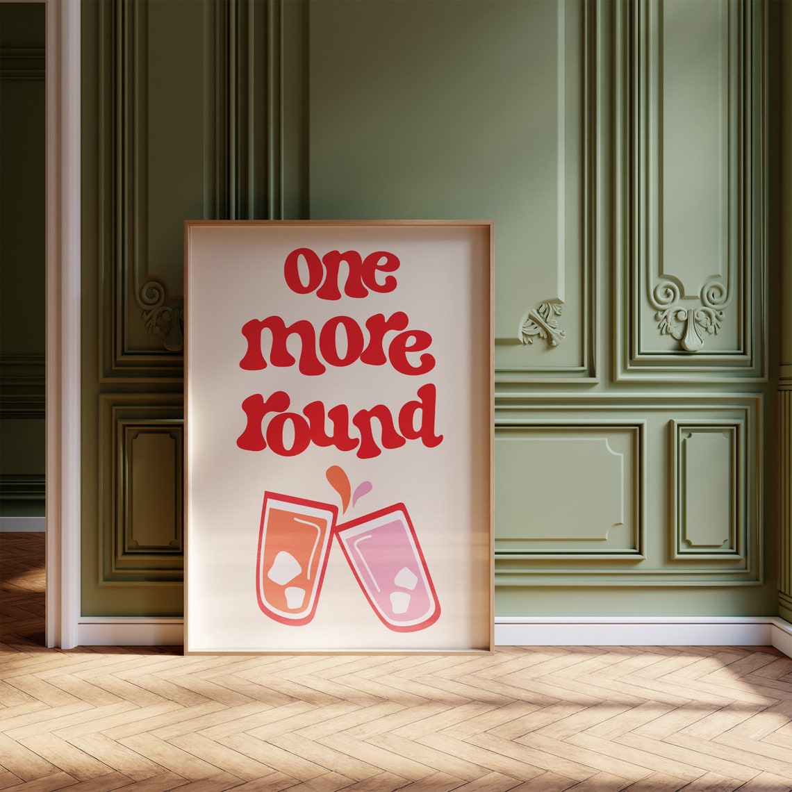 One More Round Retro Cocktail Glasses Red Bold Fun Party Poster - Image 3