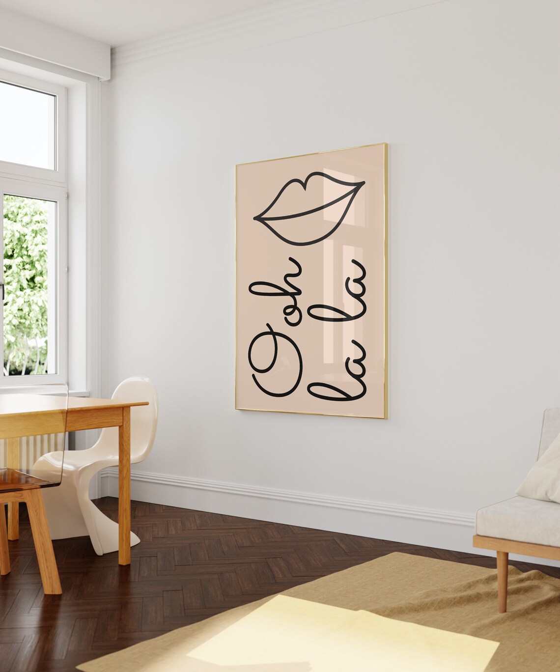 Ooh La La Minimalist Lips Line Art Beige Black Fashion Art Poster - Image 2