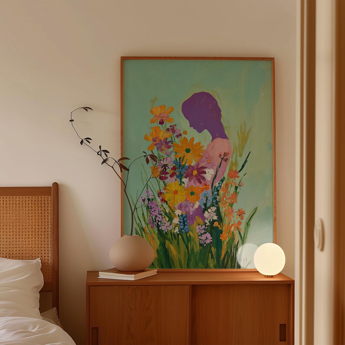 Purple Woman Silhouette Wildflower Meadow Teal Floral Art Poster - Image 2