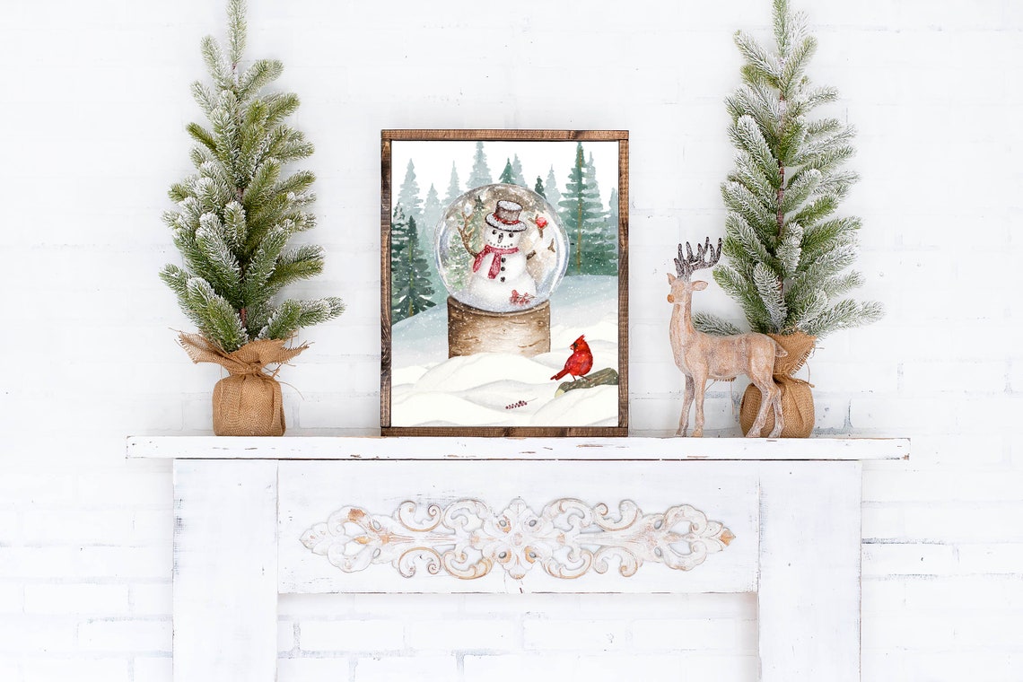Snowman Snow Globe Winter Forest Red Cardinal Watercolor Poster - Image 2