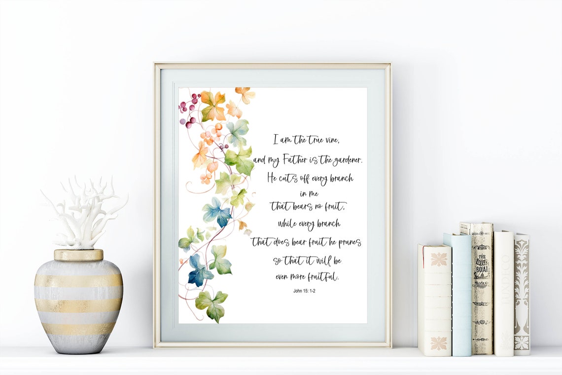 I Am the True Vine John 15 Bible Verse Watercolor Leaf Vine Poster - Image 2