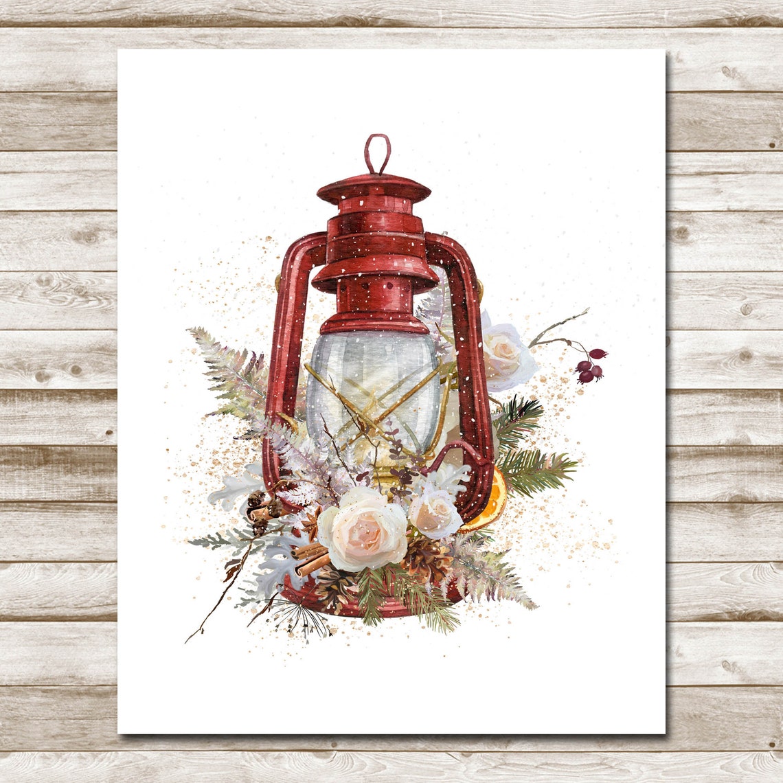 Red Lantern With White Roses Pinecones Rustic Winter Floral Poster - Image 4