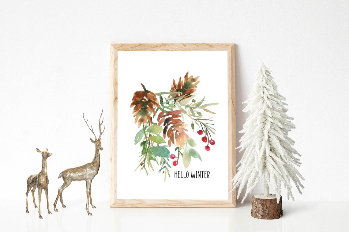 Hello Winter Pine Cone Eucalyptus Berry Watercolor Botanical Poster - Image 8