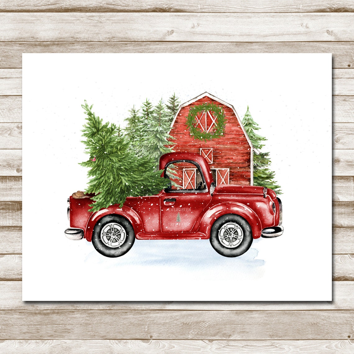 Vintage Red Pickup Truck Christmas Tree Farm Holiday Wall Art - Image 3