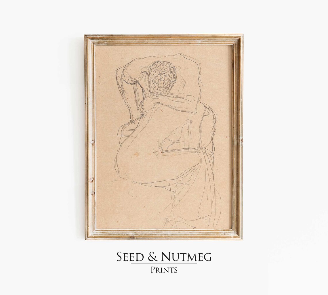 Seated Figure Bowed Head Line Sketch Vintage Neutral Art Poster