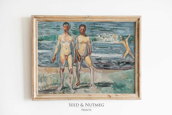 Bathing Men by the Sea Expressionist Beach Figures Oil Art Print