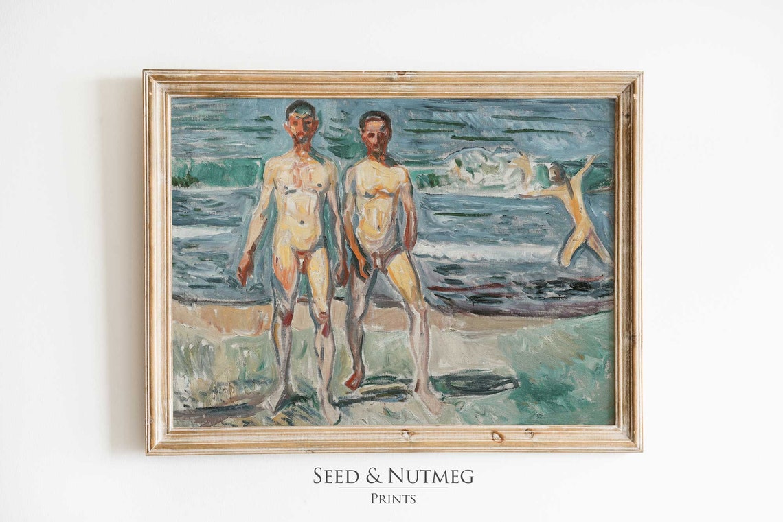 Bathing Men by the Sea Expressionist Beach Figures Oil Art Print