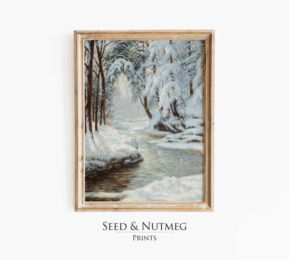 Snowy Winter River Forest Landscape Vintage Oil Painting Poster